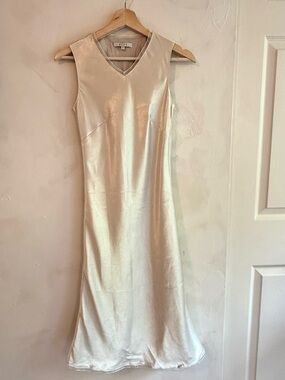 BESS | Metallic Champagne | Satin V-Neck | Midi Dress | Size Small